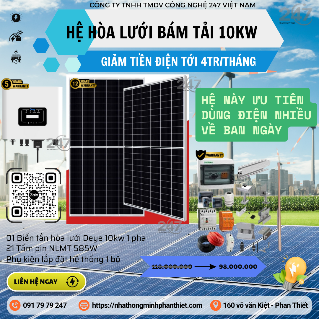 Hệ Thống Điện Mặt Trời Hòa Lưới Bám Tải 10kw